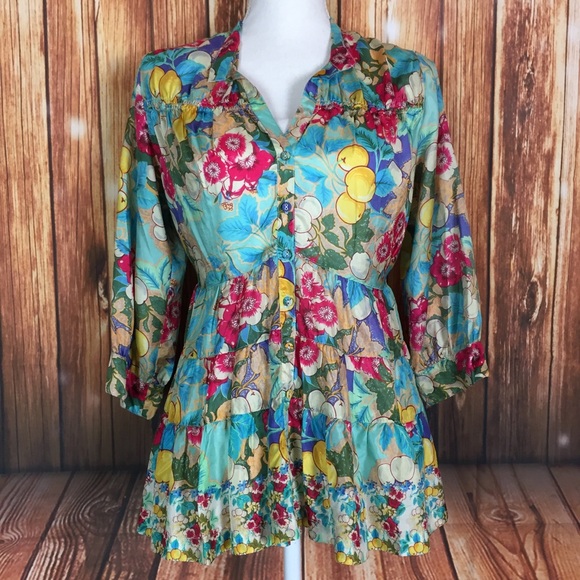 Sundance Tops - Sundance Silk Floral Botanical Fruit Tiered Blouse